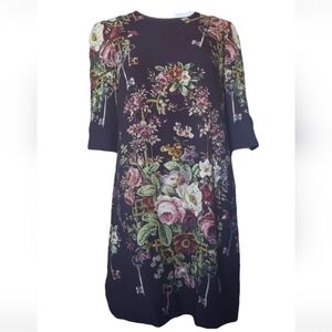 Dolce & Gabbana Burgundy Brown Floral Long Sleeve Shift Mini Dress